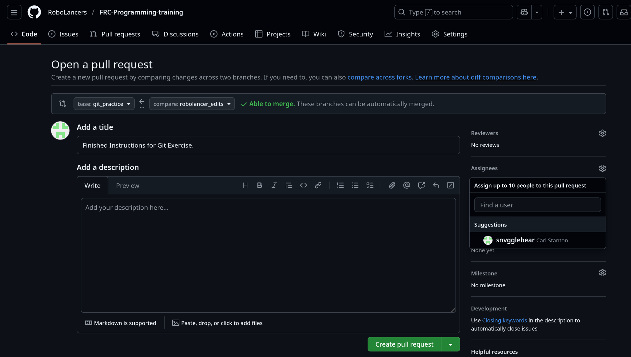 Create a pull request in Github