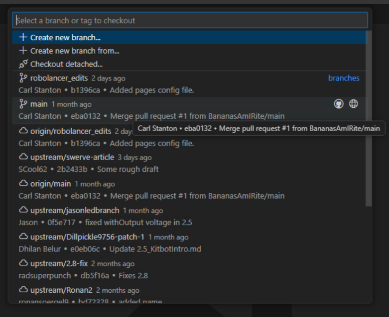 Github branch menu in Vscode GUI